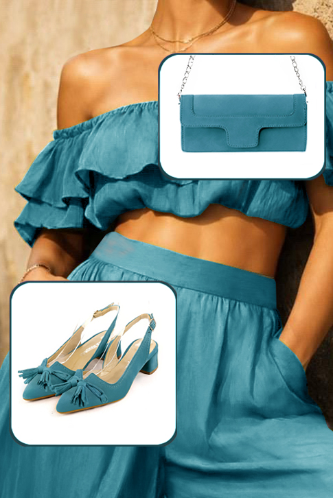 Women's peacock blue elegant slingback heels, with a bow on the front. Tapered toe. Low flare heels - Top view